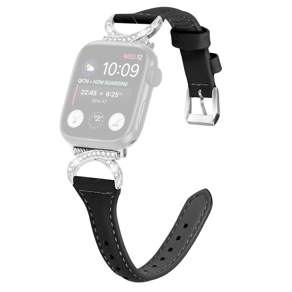Sejt รgte Lรฆder Og Rhinsten Universal Rem passer til Apple Smartwatch - Sort#serie_1