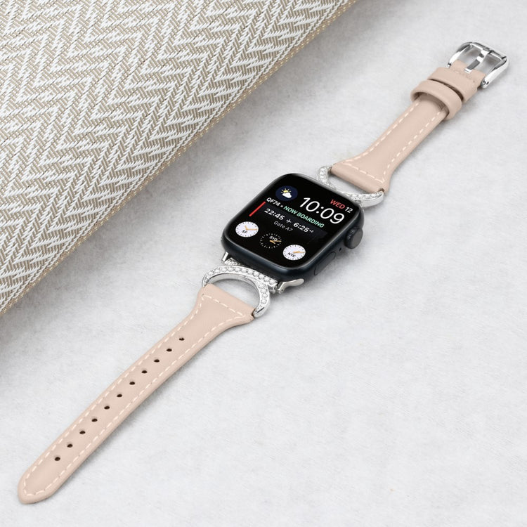 Sejt Ægte Læder Og Rhinsten Universal Rem passer til Apple Smartwatch - Beige#serie_5