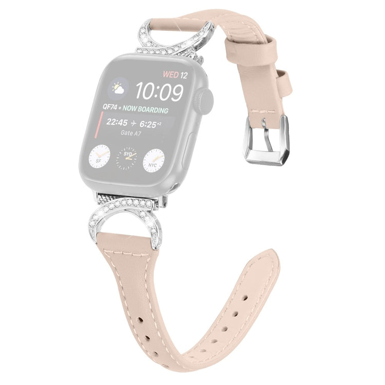 Sejt Ægte Læder Og Rhinsten Universal Rem passer til Apple Smartwatch - Beige#serie_5