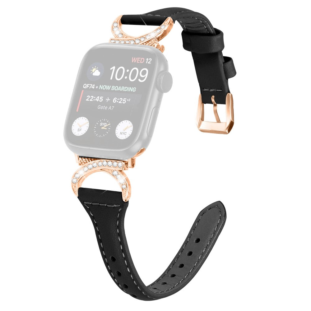 Solid รgte Lรฆder Og Rhinsten Universal Rem passer til Apple Smartwatch - Sort#serie_1
