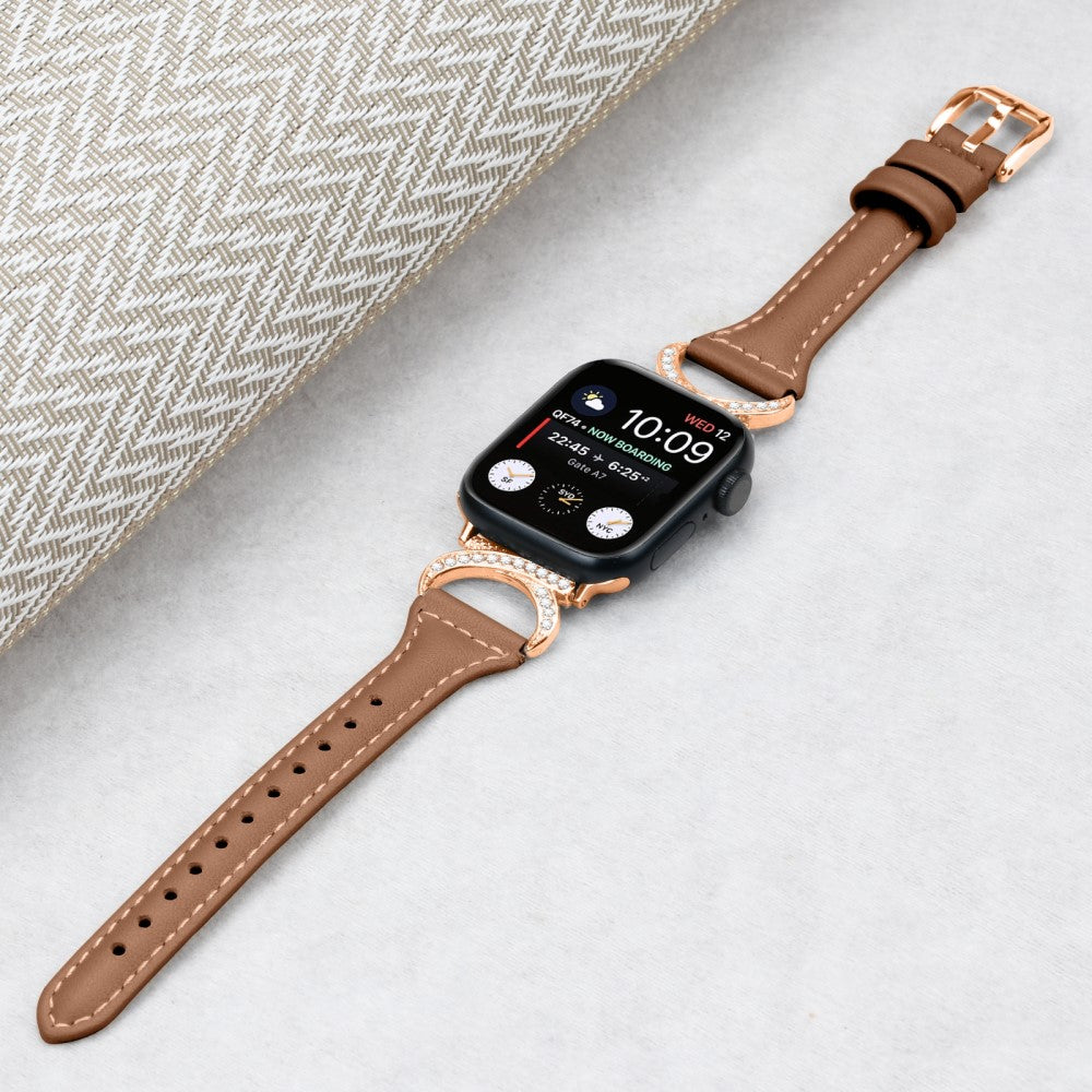 Solid Ægte Læder Og Rhinsten Universal Rem passer til Apple Smartwatch - Brun#serie_6