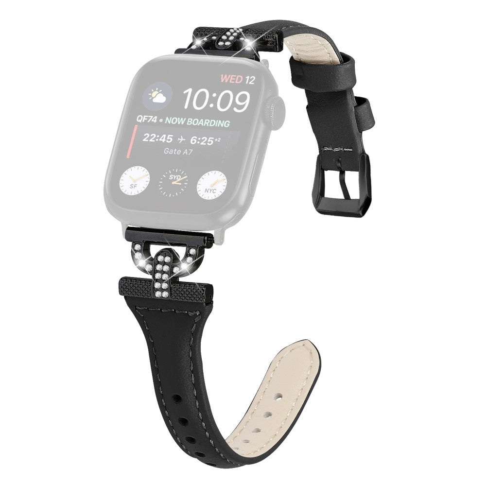 Solid รgte Lรฆder Og Rhinsten Universal Rem passer til Apple Smartwatch - Sort#serie_1