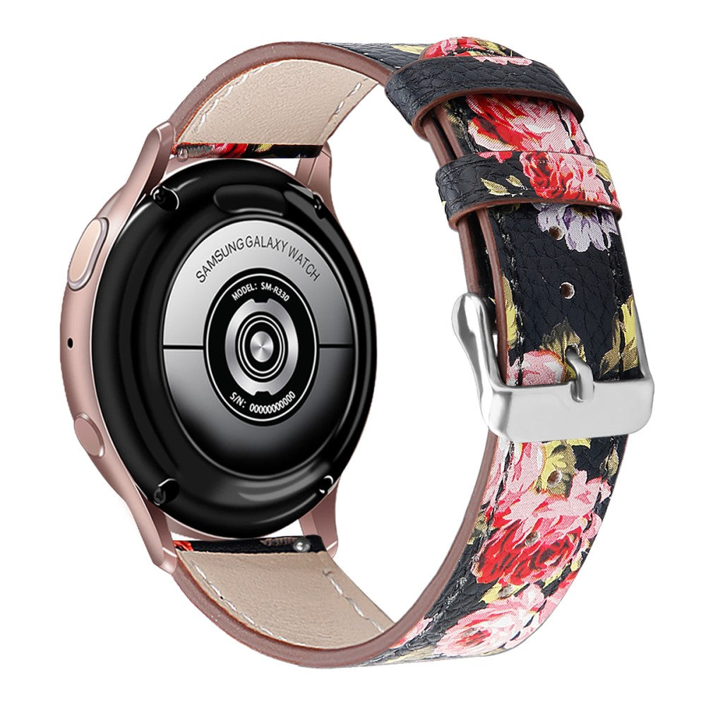 20mm Universal cowhide genuine leather watch strap - Black / Pink Flower#serie_3