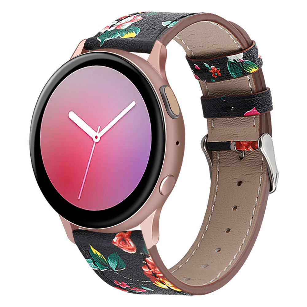 22mm Universal cowhide genuine leather watch strap - Black / Red Flower#serie_4