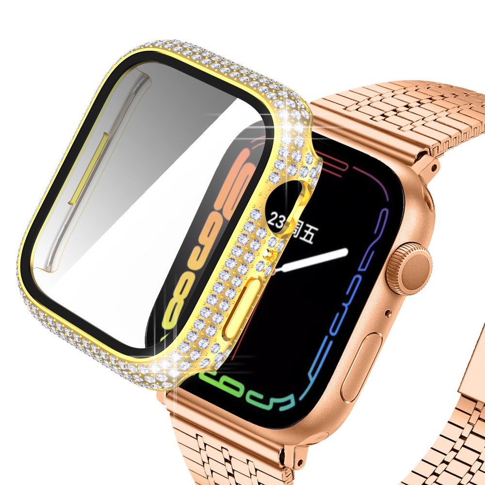 Beskyttende Apple Watch Series 7 41mm Cover med Skรฆrmbeskytter i Plastik og Rhinsten - Guld#serie_1