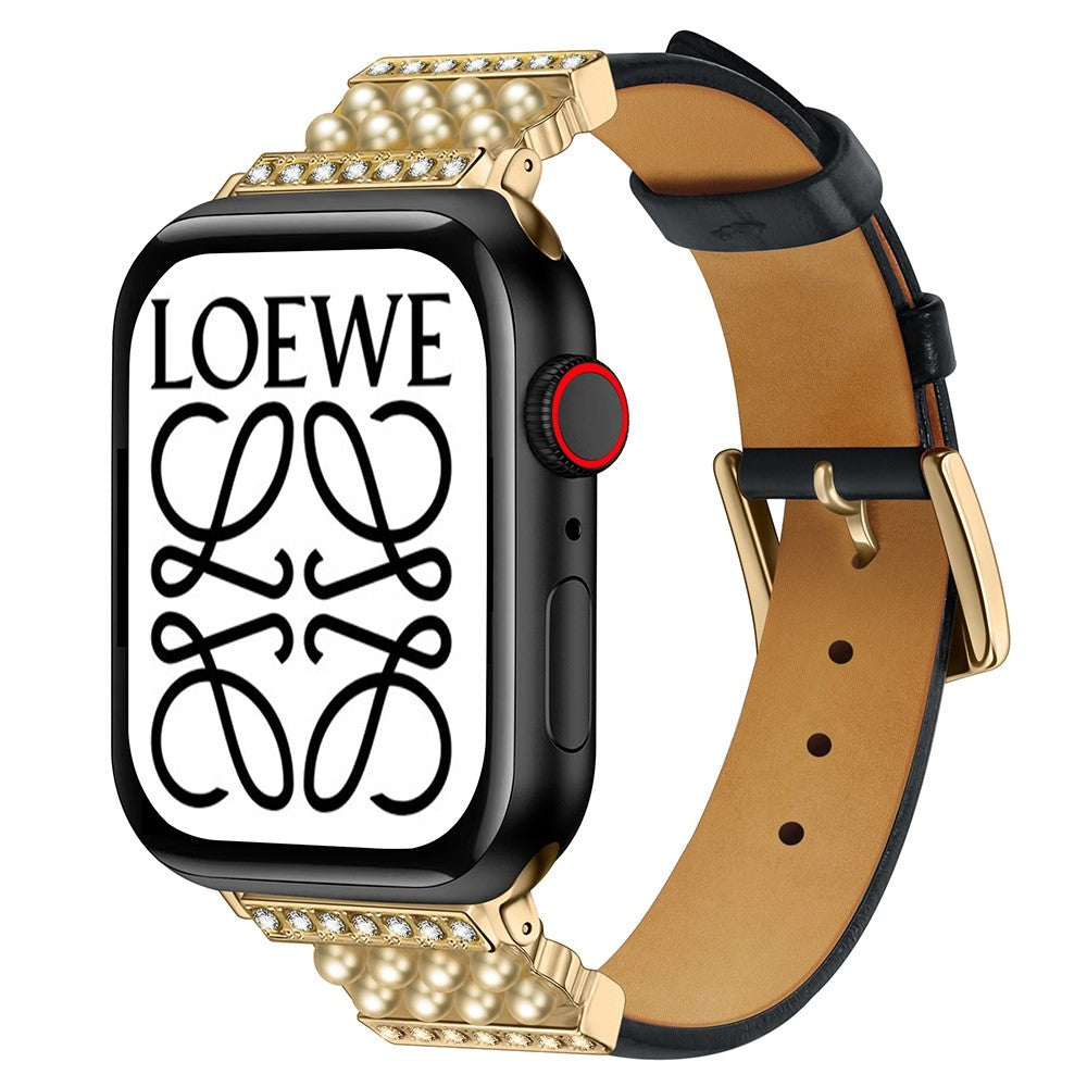 Godt Apple Watch Series 7 41mm รgte lรฆder og Rhinsten Rem - Sort#serie_1