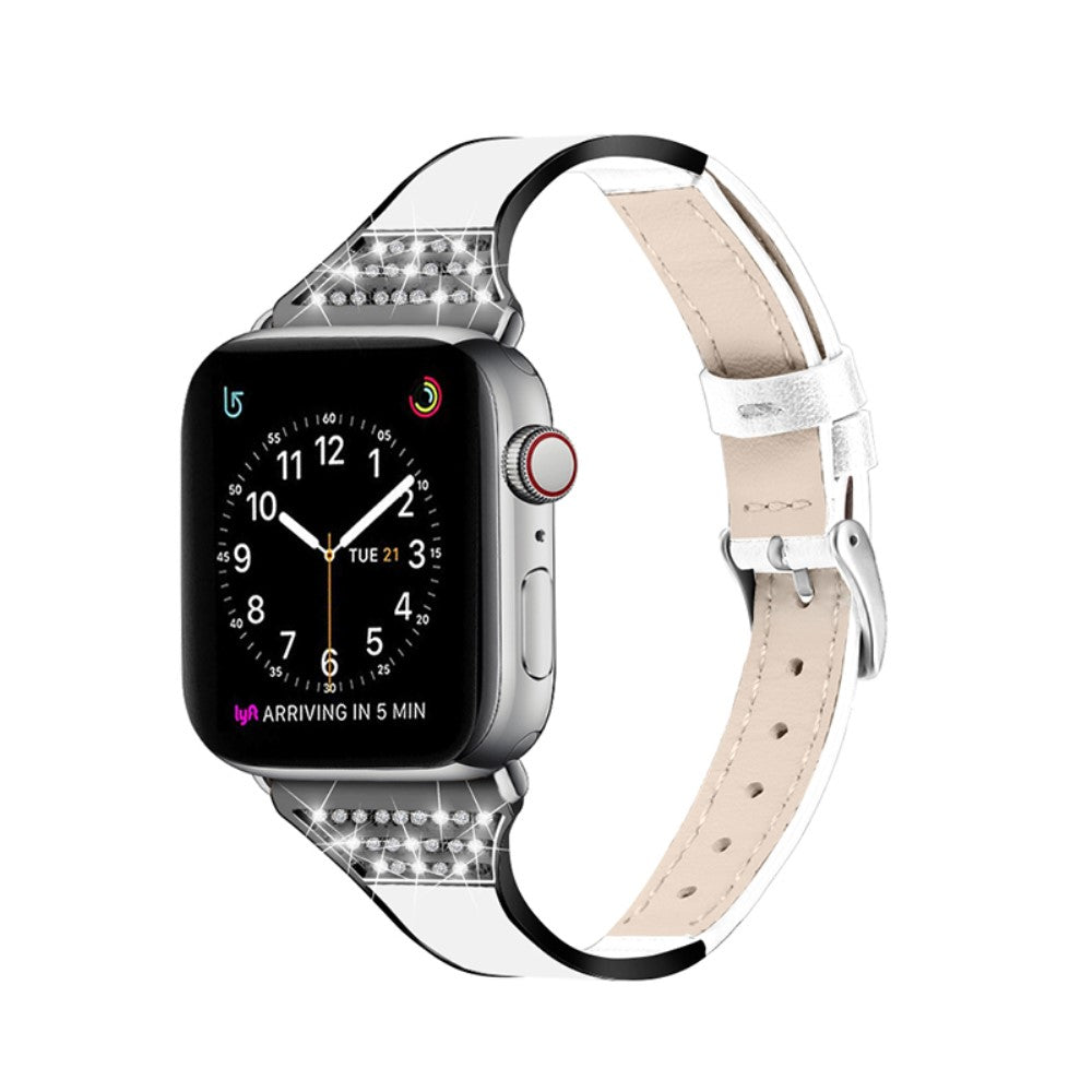 Pรฆnt Apple Watch Series 7 45mm รgte lรฆder og Rhinsten Rem - Hvid#serie_1