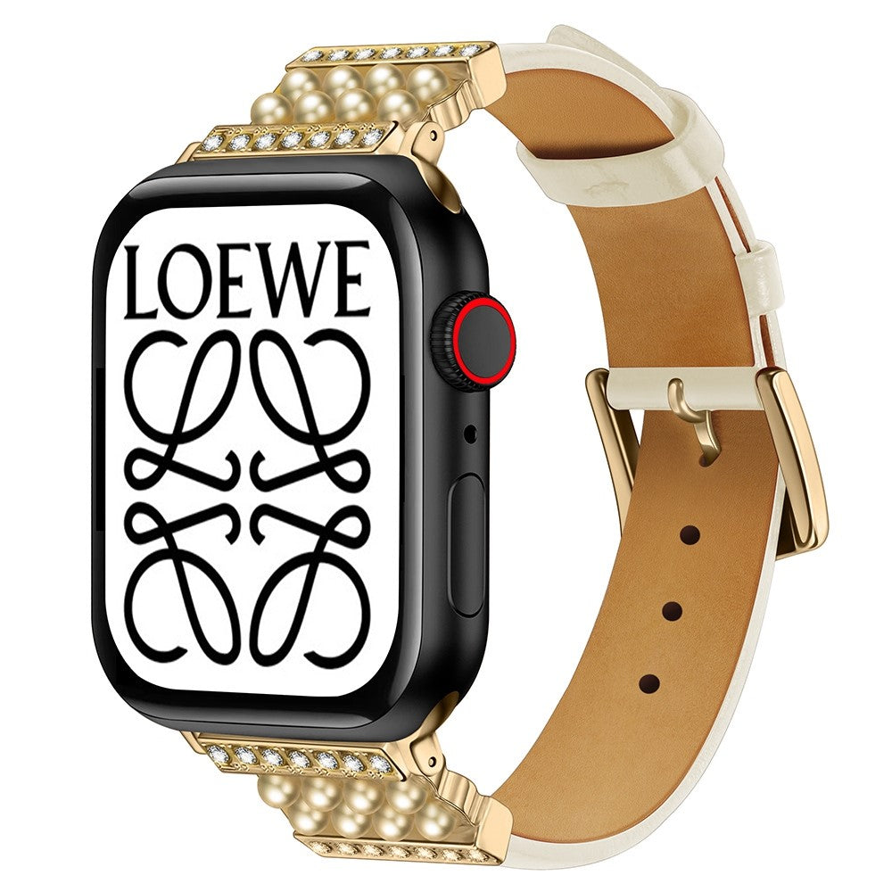Smuk Apple Watch Series 7 45mm รgte lรฆder og Rhinsten Rem - Hvid#serie_1