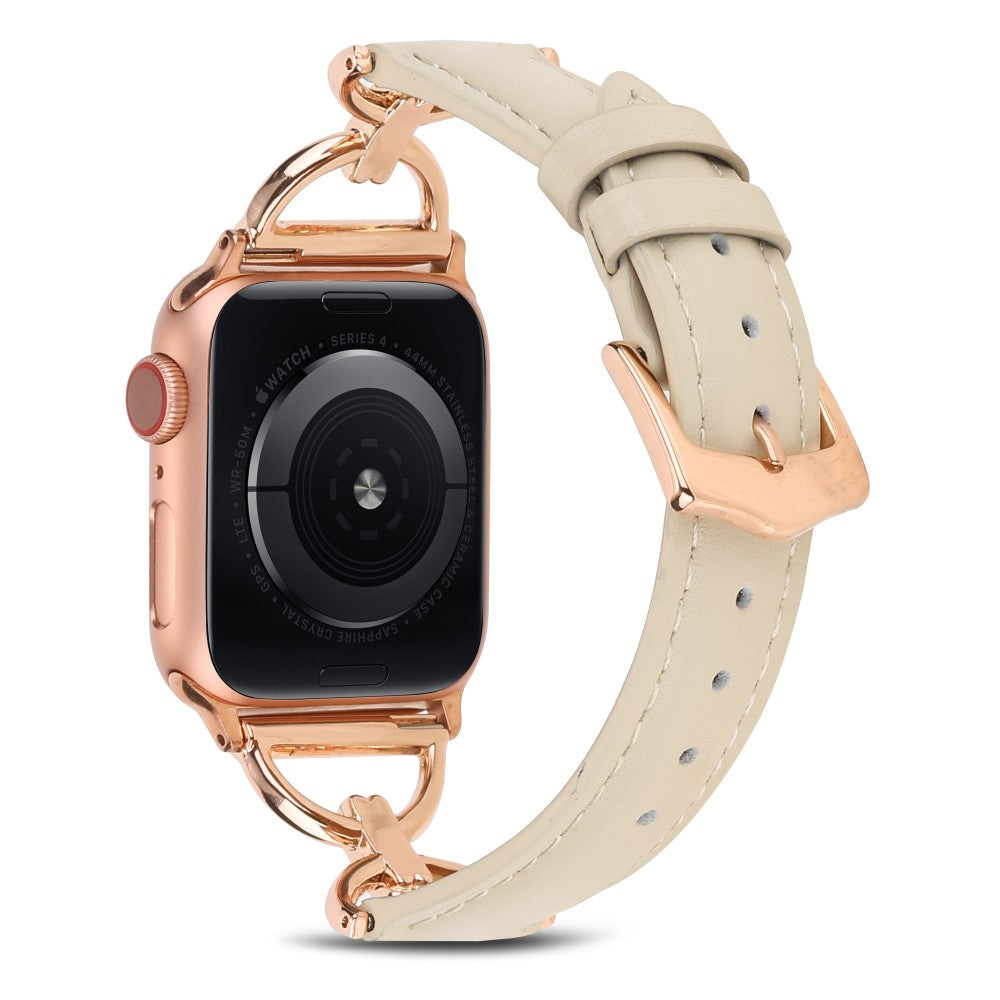 Rigtigt hårdfør Apple Watch Series 7 45mm Ægte læder Rem - Beige#serie_8