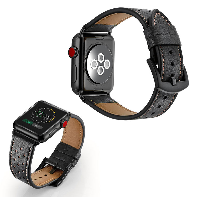 Apple Watch Series 5 40mm / Apple Watch 40mm Ægte læder Rem - Sort#serie_4