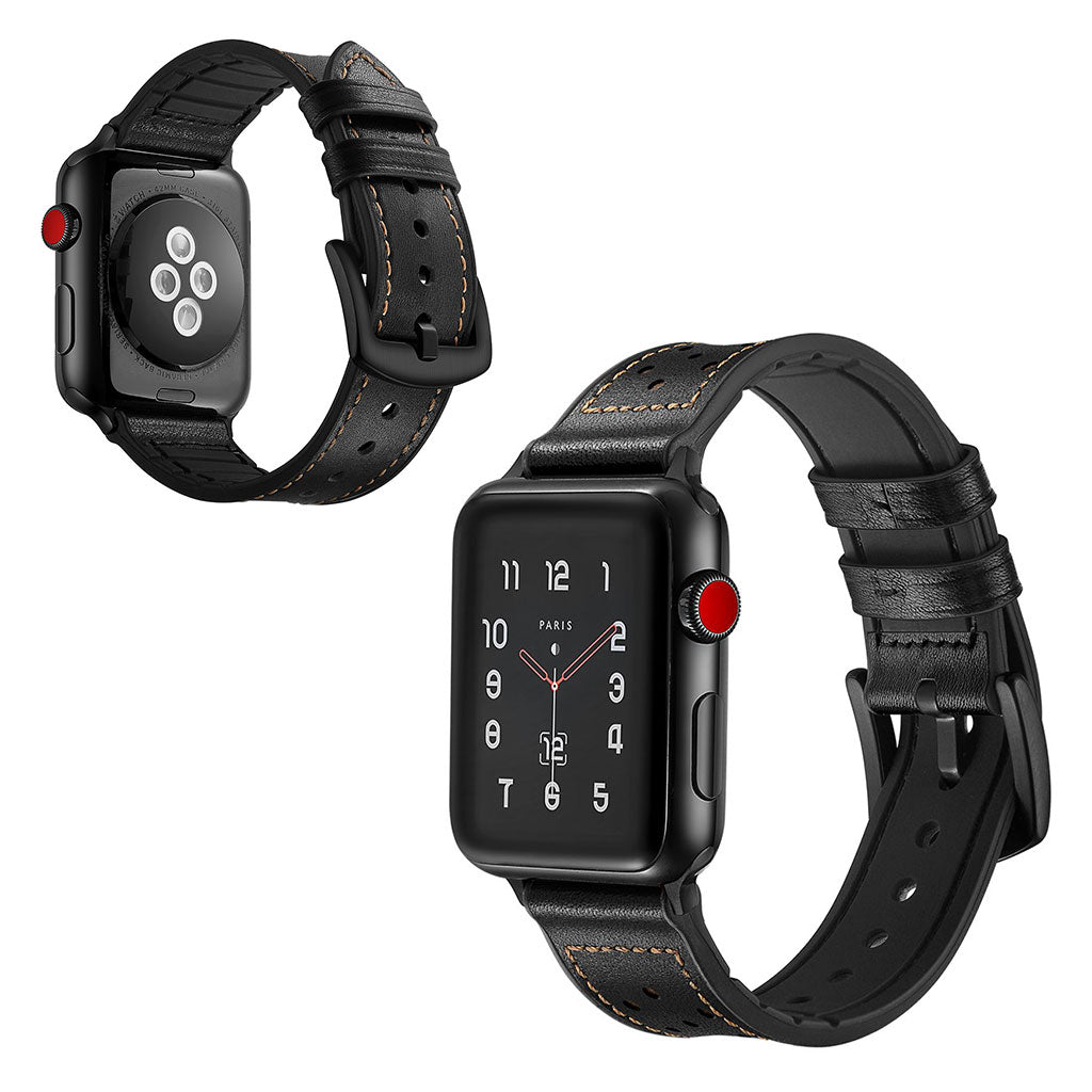 Apple Watch Series 5 44mm / Apple Watch 44mm Ægte læder Rem - Sort#serie_2