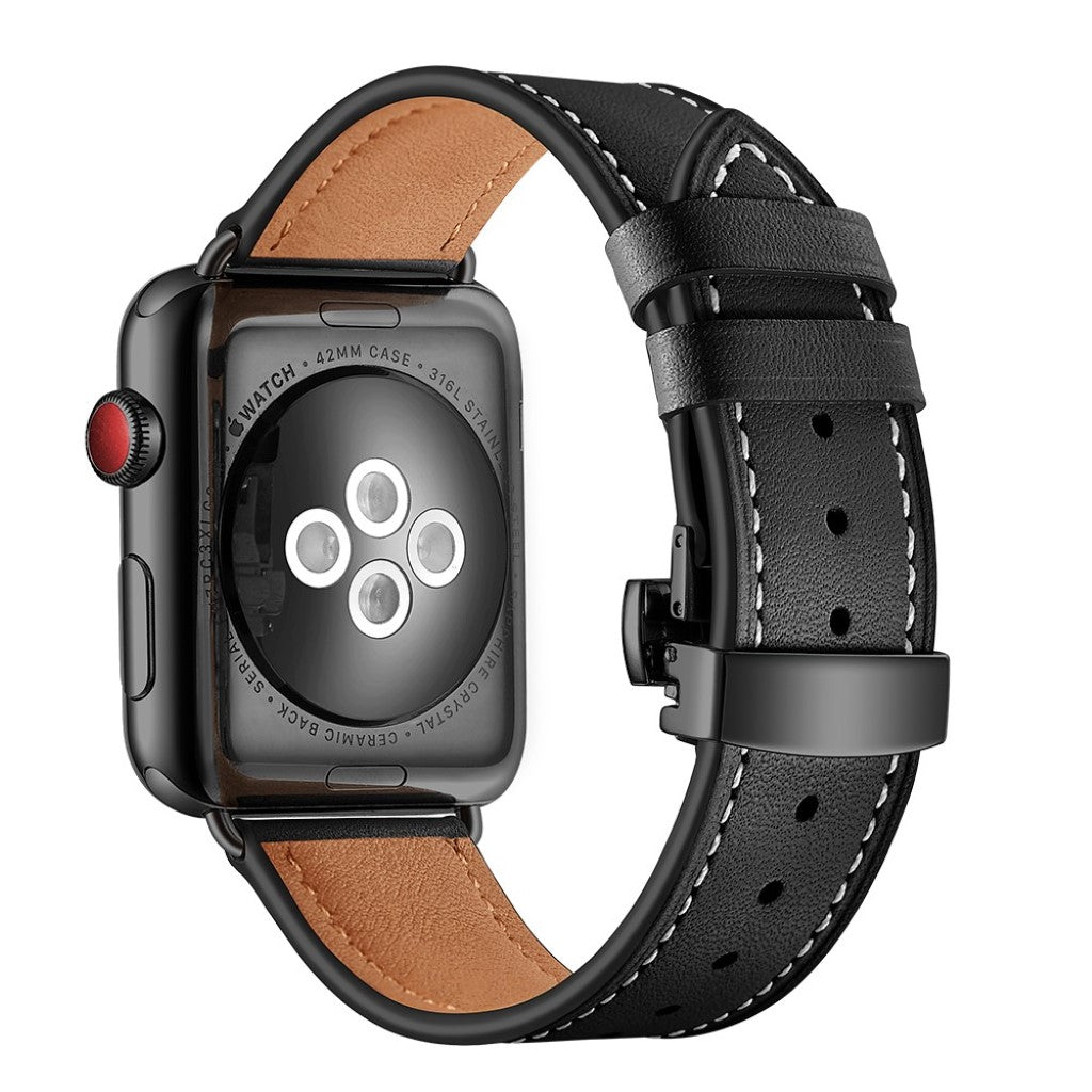 Apple Watch Series 5 44mm / Apple Watch 44mm Ægte læder Rem - Sort#serie_3