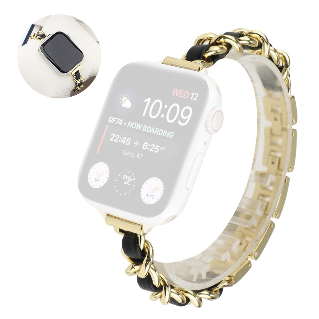 Stainless steel + leather watch band for Apple Watch Series 6 / 5 44mm - Gold / Black#serie_3