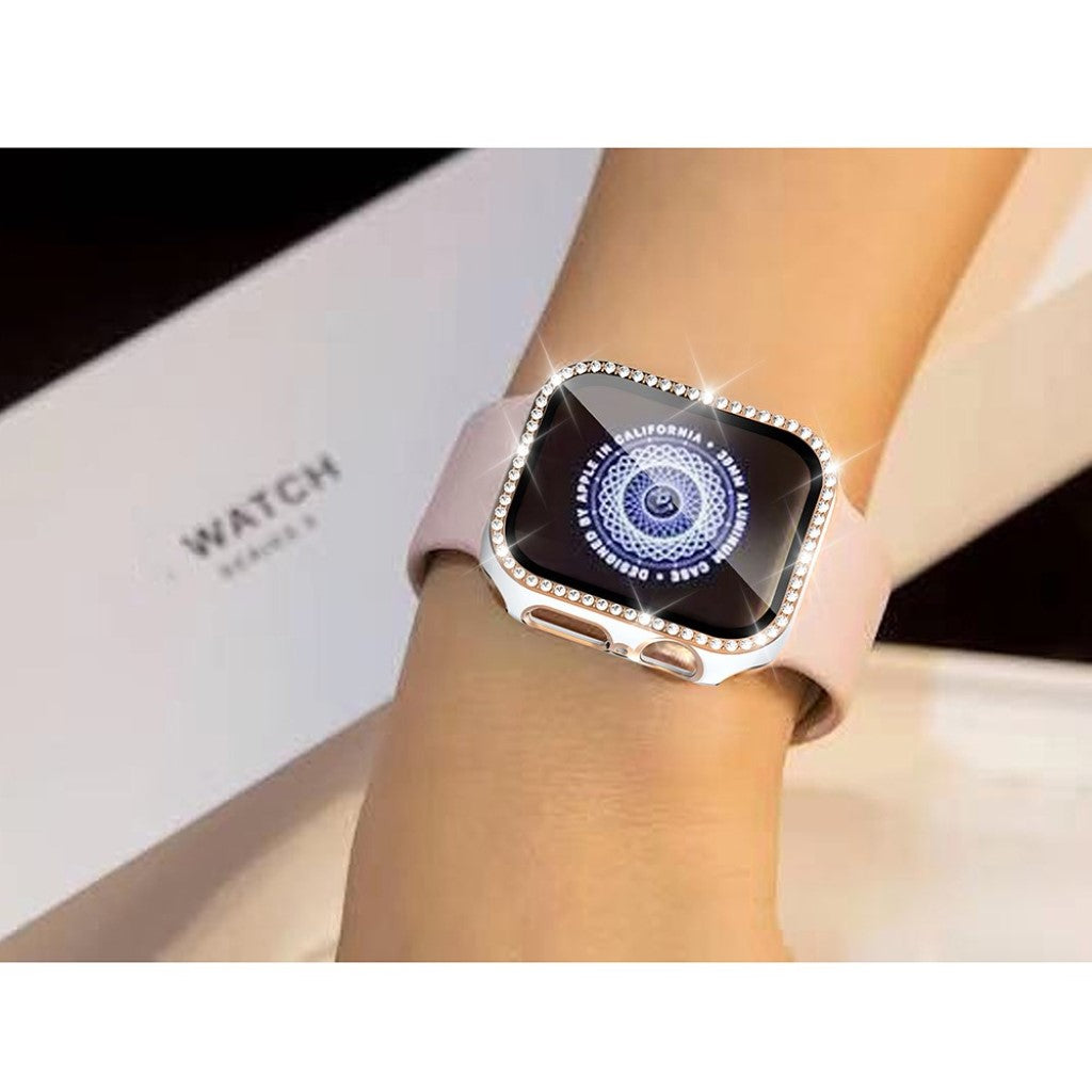 Super Fed Apple Watch 40mm Cover med Skærmbeskytter i Plastik, Rhinsten og Hærdet Glas - Hvid#serie_2