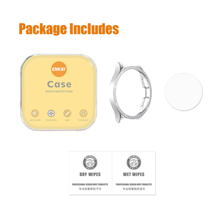 Mega Godt Samsung Galaxy Watch 4 Classic (46mm) Cover med Skærmbeskytter i Rhinsten og Hærdet Glas - Sølv#serie_3