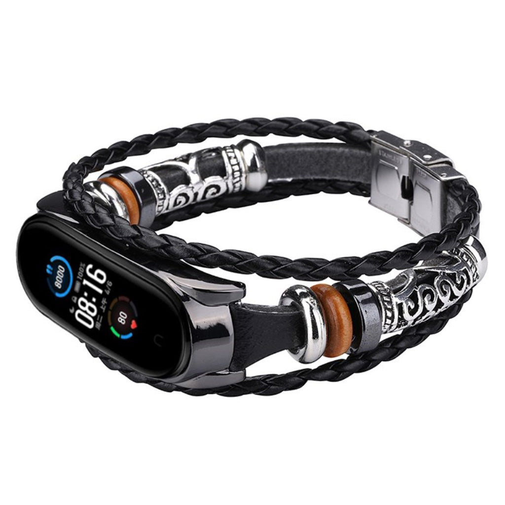 Vildt hรฅrdfรธr Xiaomi Mi Band 5 รgte lรฆder og Metal Rem - Sort#serie_6