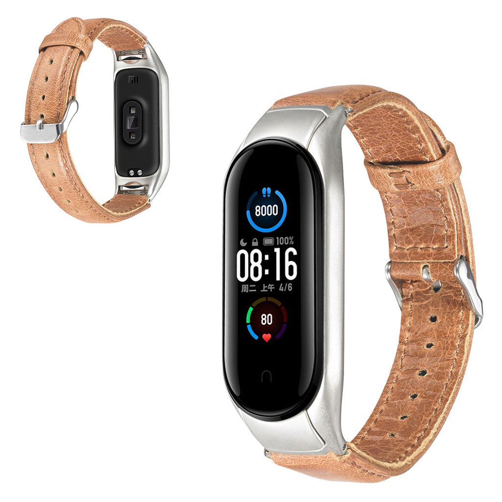 Meget fint Xiaomi Mi Band 5 รgte lรฆder Rem - Brun#serie_012