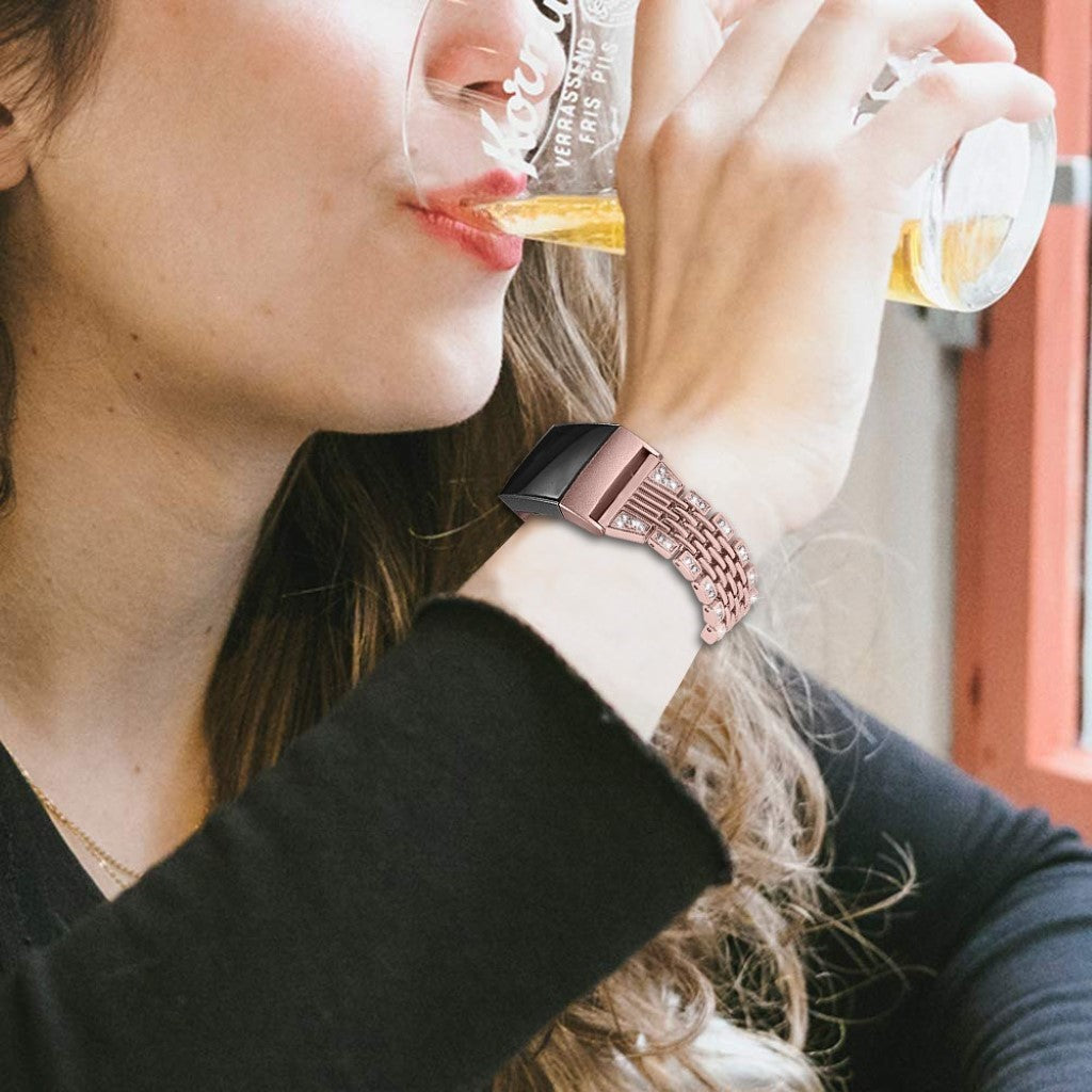 Fed Fitbit Charge 4 / Fitbit Charge 3 Metal og Rhinsten Rem - Pink#serie_3