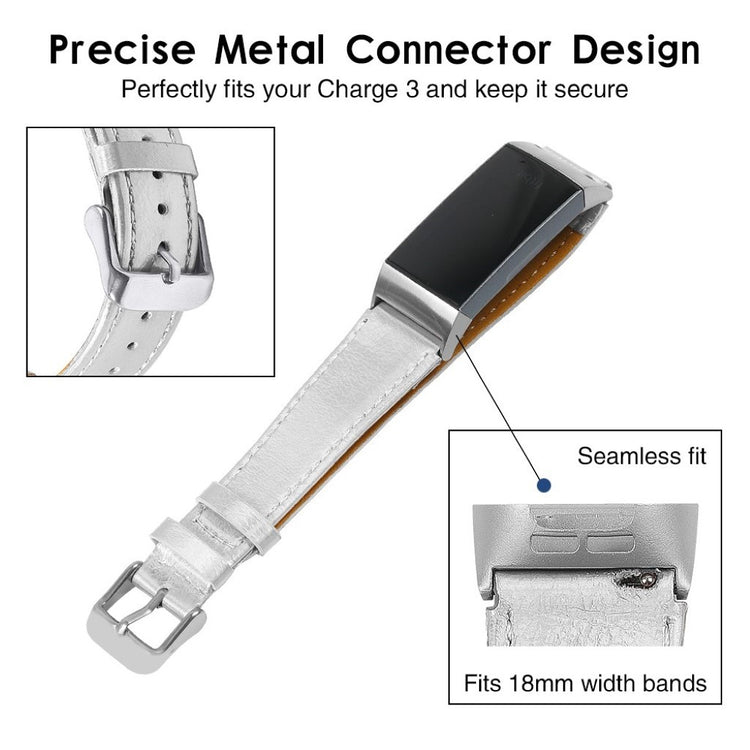 Tidsløst Fitbit Charge 4 / Fitbit Charge 3 Ægte læder Rem - Sølv#serie_10
