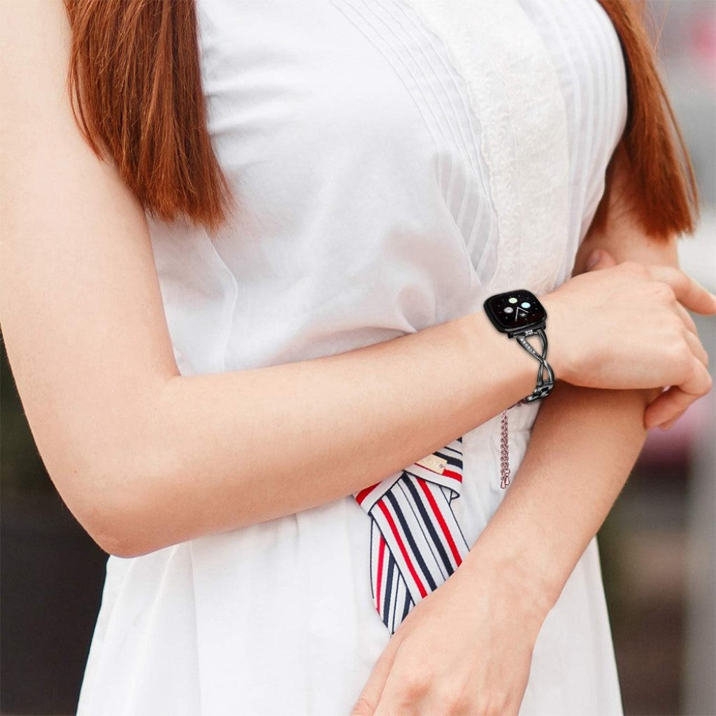 Fint Fitbit Versa 3 / Fitbit Sense Metal og Rhinsten Rem - Sort#serie_1