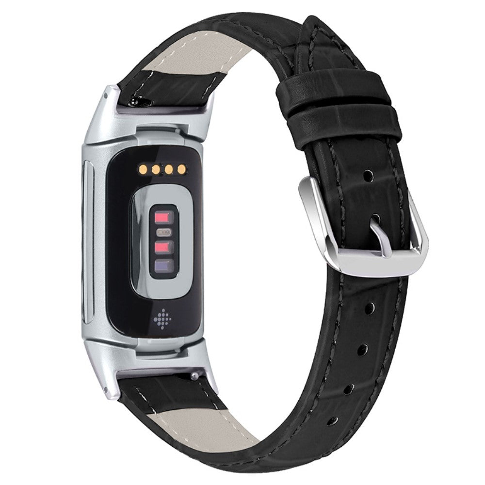 Nydelig Fitbit Charge 5 Ægte læder Rem - Sort#serie_4