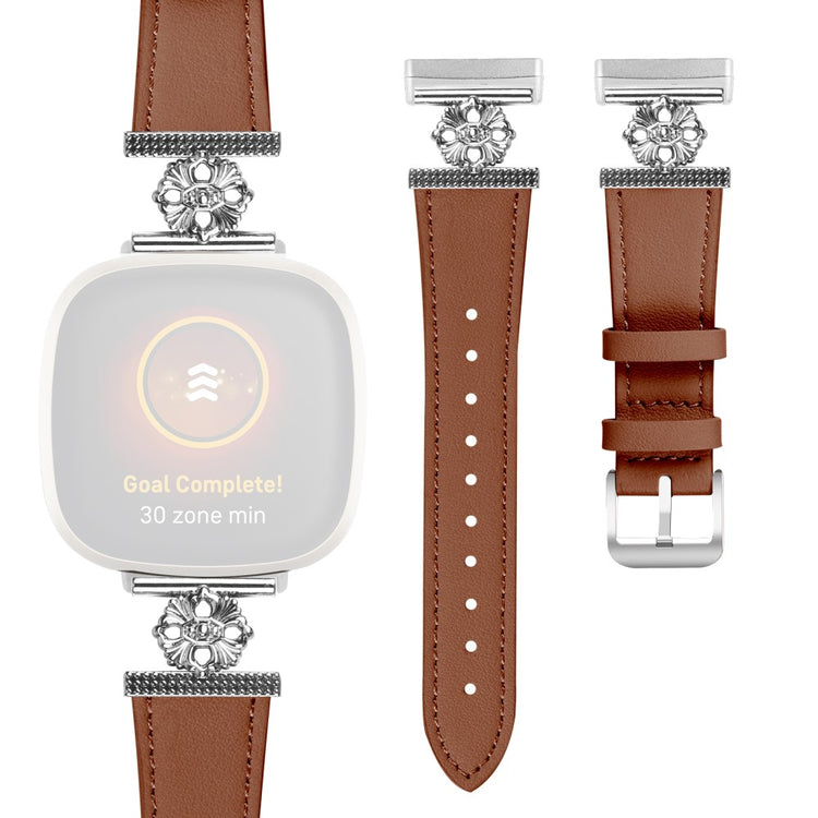 Fitbit Versa 3 / Sense Watch Band Genuine Cow Leather Flower Decor Adjustable Strap - Brown#serie_1