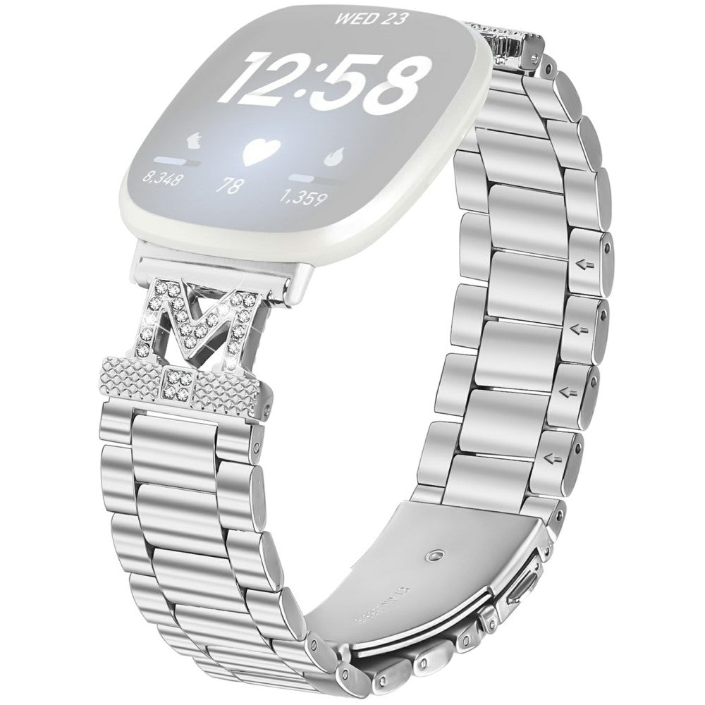 Fitbit Versa 4 / Sense 2 Watch Strap Rhinestones Decor 3-Bead Silver Stainless Steel Band#serie_1