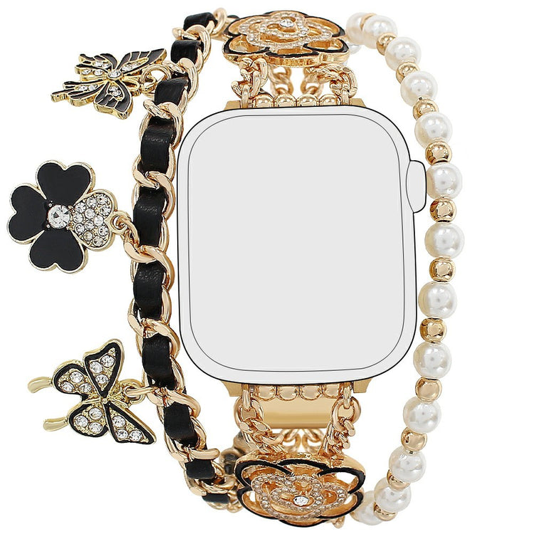 Zinc Alloy Bracelet Strap Apple Watch Series 49mm - 45mm - 44mm - 42mm Flower Butterfly Watch Band - Black+Gold#serie_2