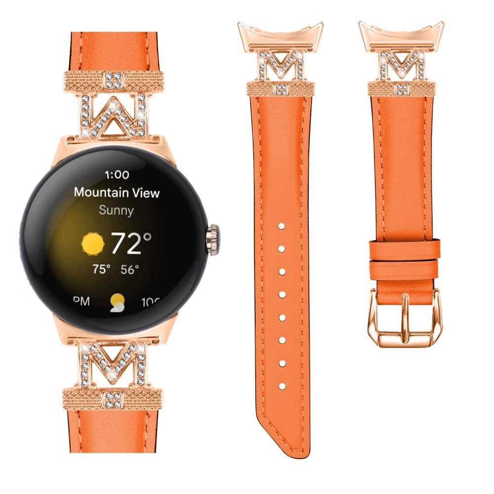 Ægte Læder Og Rhinsten Universal Rem passer til Google Pixel Watch 2 / Google Pixel Watch - Orange#serie_2