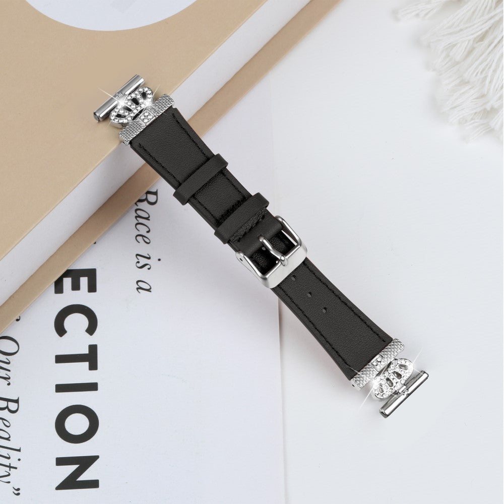 TicWatch E / 2 / C2 Watchband Genuine Cow Leather Connector Strap Rhinestone Crown Decor - Black#serie_2