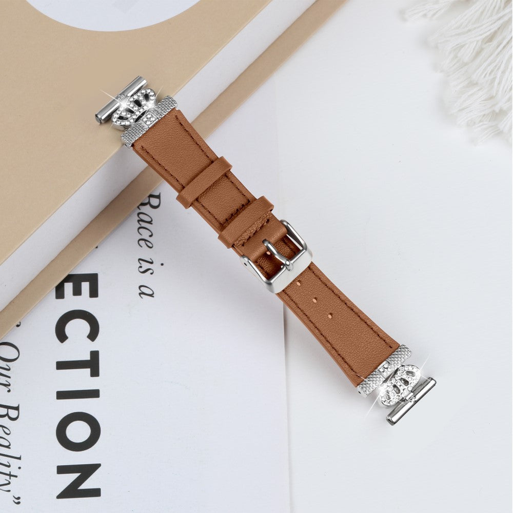 TicWatch E / 2 / C2 Watchband Genuine Cow Leather Connector Strap Rhinestone Crown Decor - Brown#serie_3