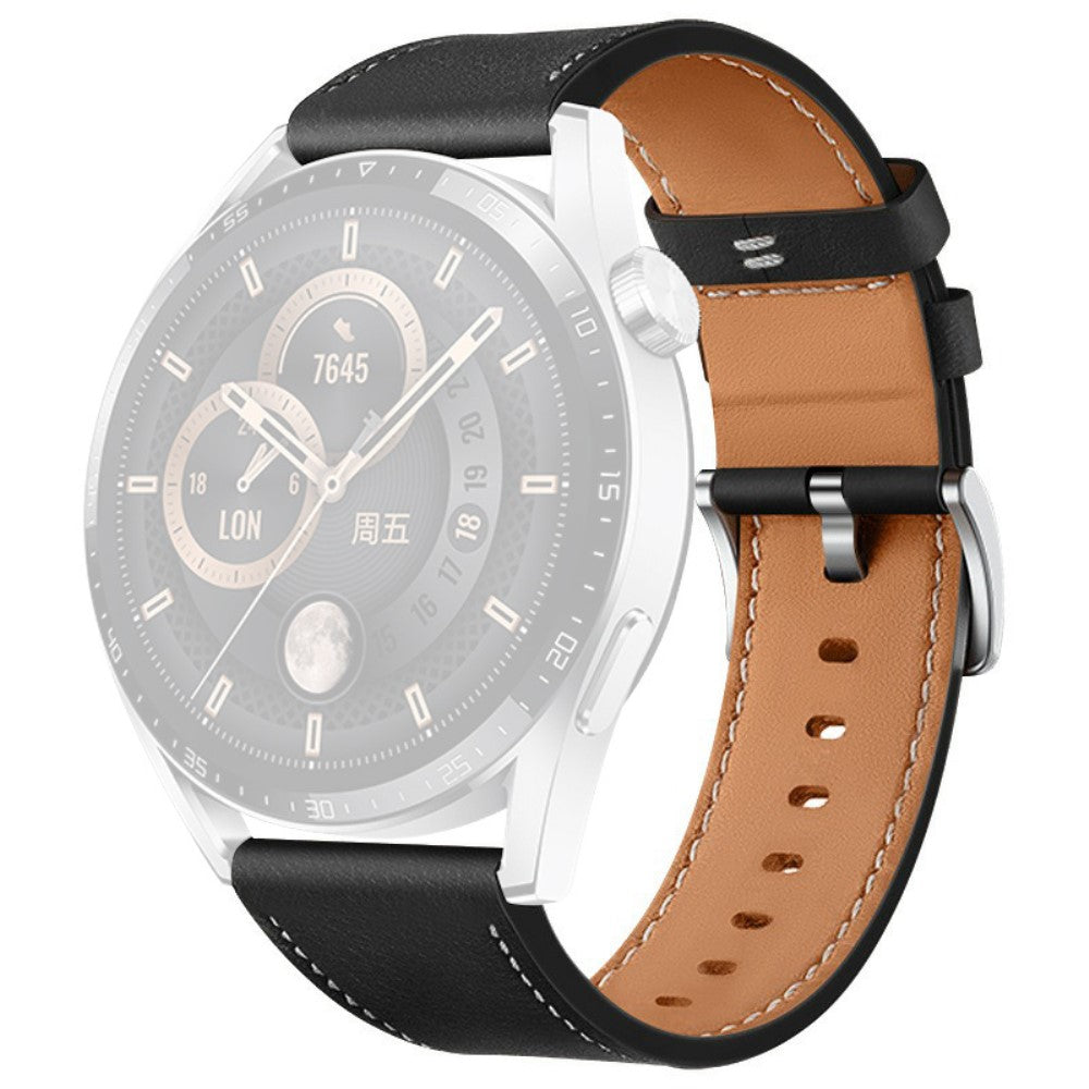 Huawei Watch GT 4 46mm / Watch 4 / Watch 4 Pro Strap 22mm Genuine Cow Leather Stitching Lines Watch band  - Black#serie_3