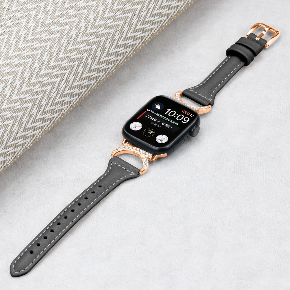 Solid Ægte Læder Og Rhinsten Universal Rem passer til Apple Smartwatch - Sort#serie_1