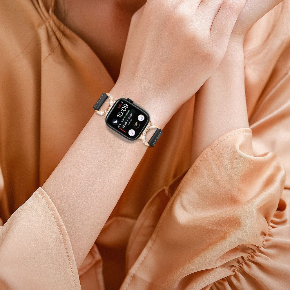Solid Ægte Læder Og Rhinsten Universal Rem passer til Apple Smartwatch - Sort#serie_1