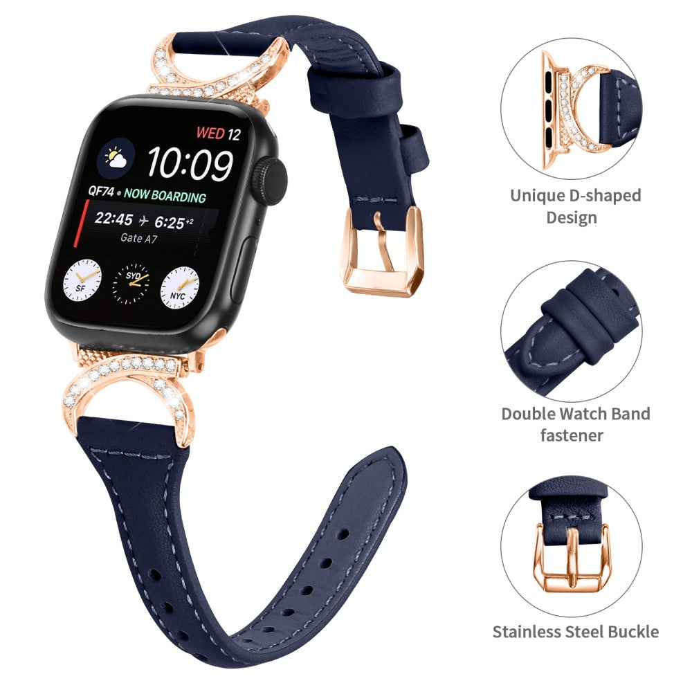 Solid Ægte Læder Og Rhinsten Universal Rem passer til Apple Smartwatch - Blå#serie_2