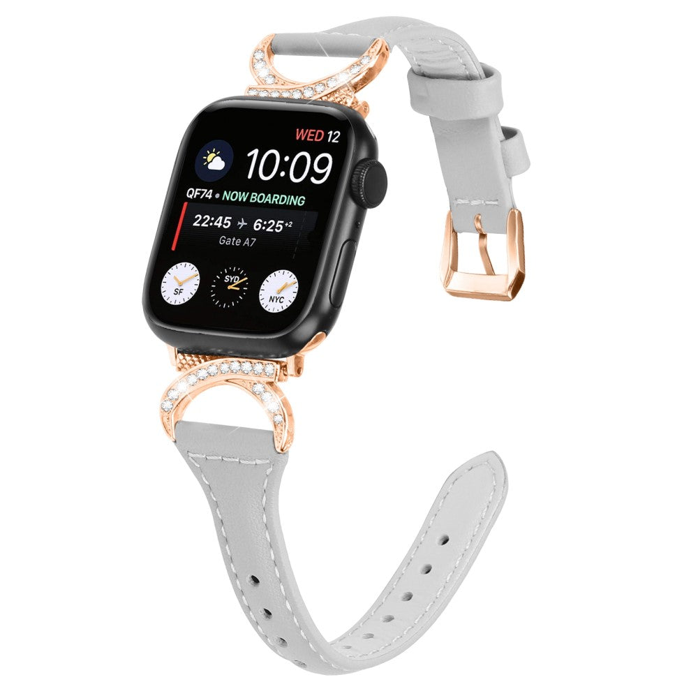 Solid Ægte Læder Og Rhinsten Universal Rem passer til Apple Smartwatch - Sølv#serie_3