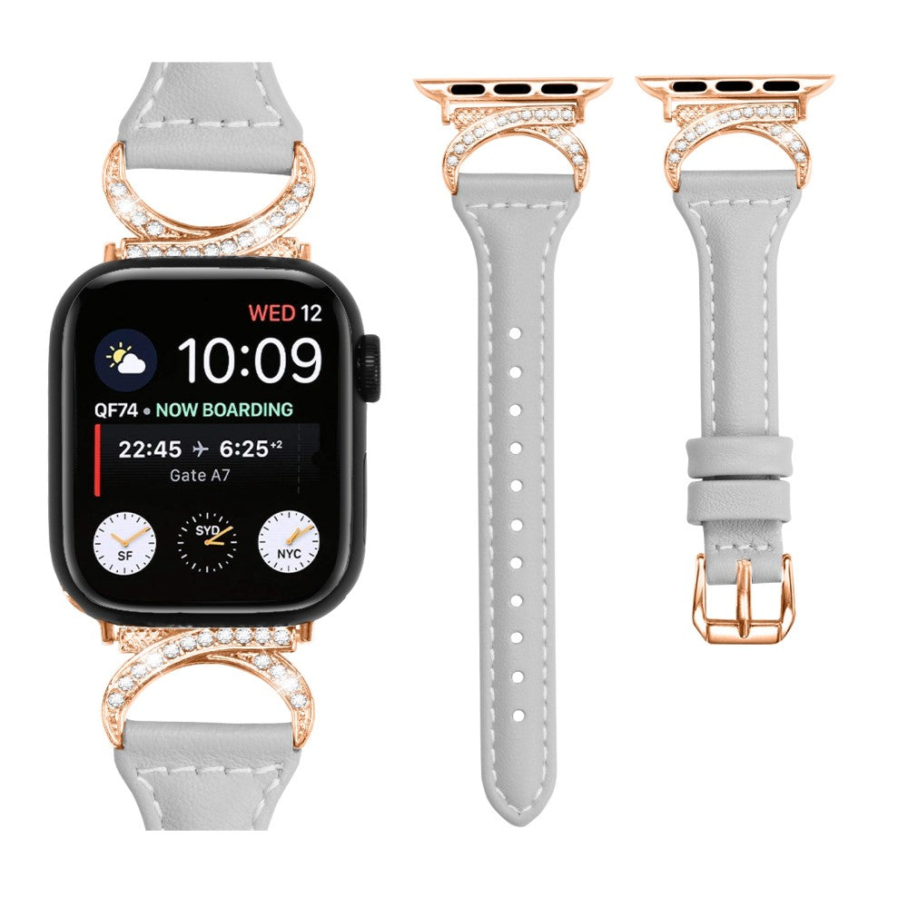 Solid Ægte Læder Og Rhinsten Universal Rem passer til Apple Smartwatch - Sølv#serie_3