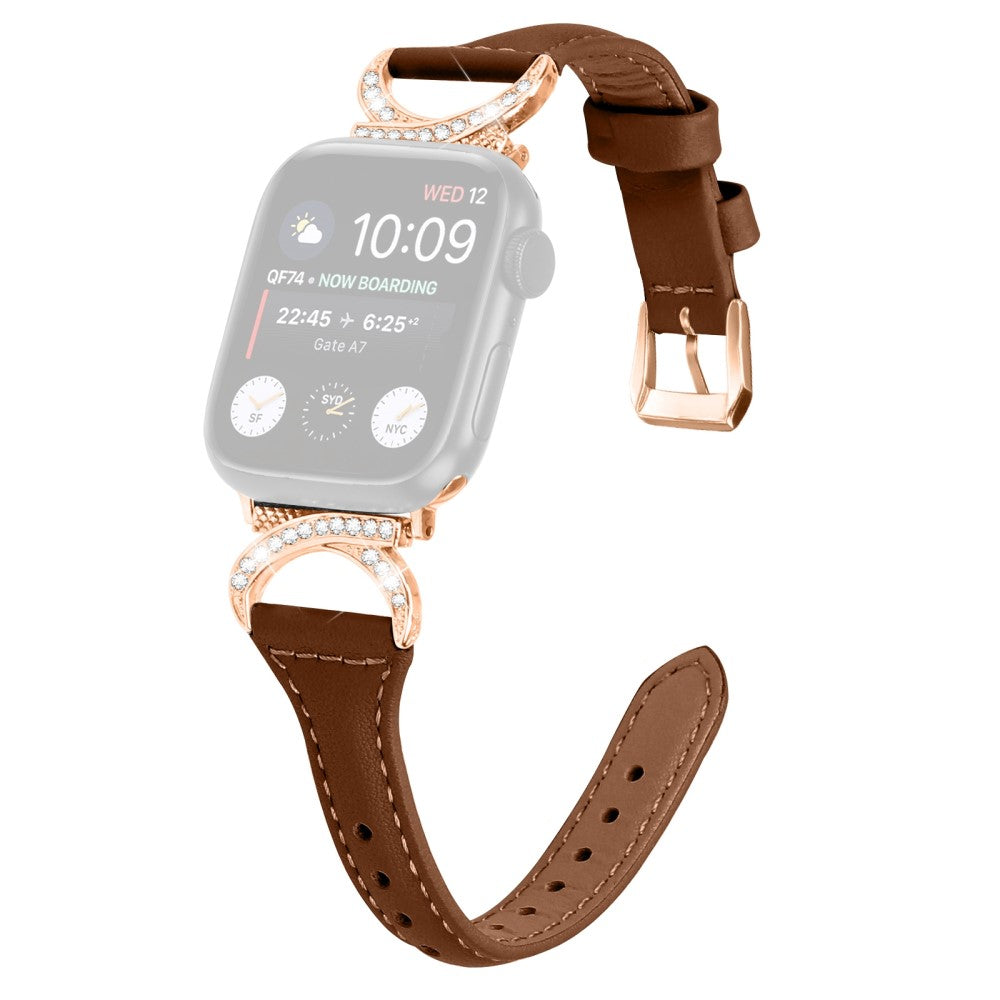Solid Ægte Læder Og Rhinsten Universal Rem passer til Apple Smartwatch - Brun#serie_6