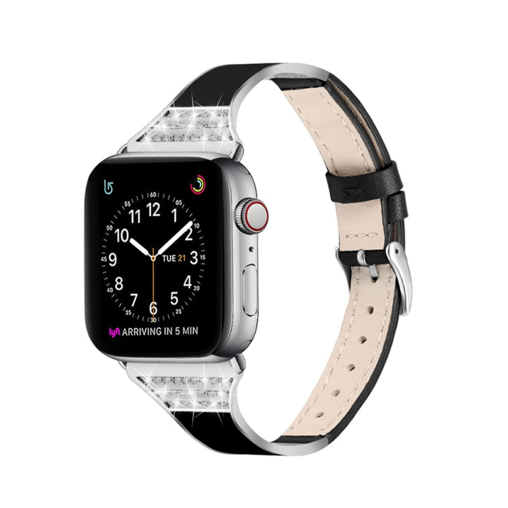 Cool Apple Watch Series 7 41mm Ægte læder og Rhinsten Rem - Sort#serie_2