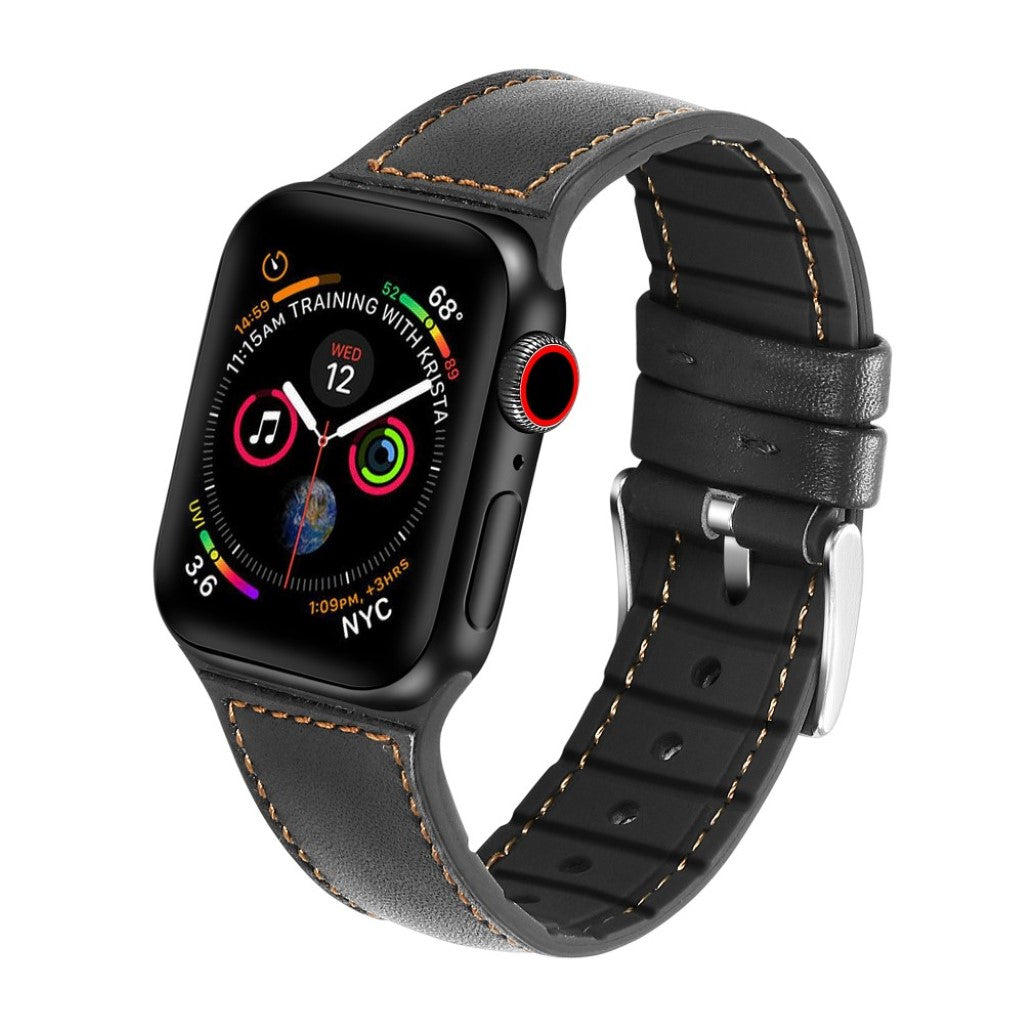 Fint Apple Watch Series 5 44mm Ægte læder og Silikone Rem - Sort#serie_1