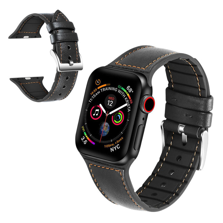 Fint Apple Watch Series 5 44mm Ægte læder og Silikone Rem - Sort#serie_1