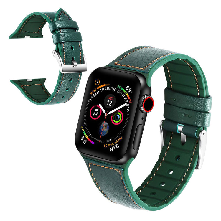 Fint Apple Watch Series 5 44mm Ægte læder og Silikone Rem - Grøn#serie_3