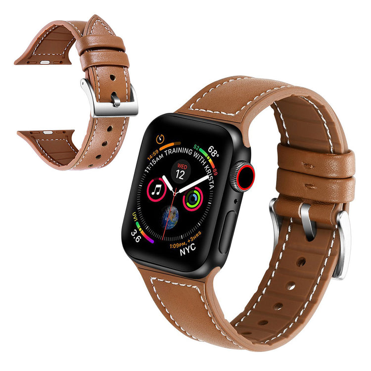 Fint Apple Watch Series 5 44mm Ægte læder og Silikone Rem - Brun#serie_4