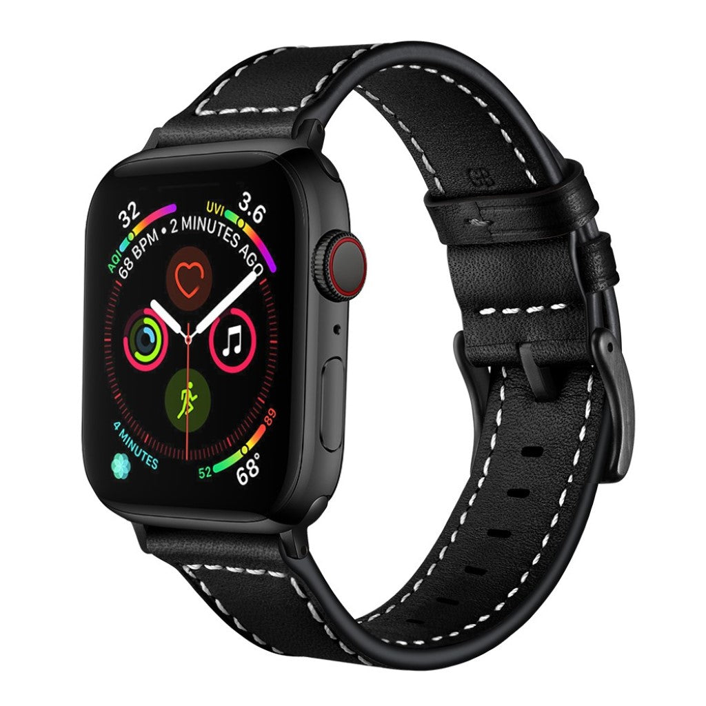  Apple Watch Series 5 44mm / Apple Watch 44mm Ægte læder Rem - Sort#serie_1