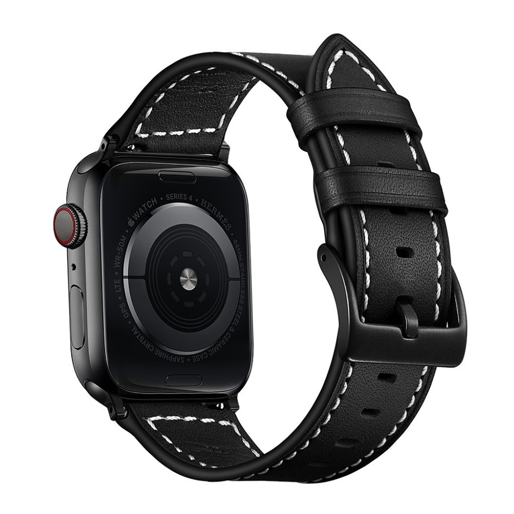  Apple Watch Series 5 44mm / Apple Watch 44mm Ægte læder Rem - Sort#serie_1