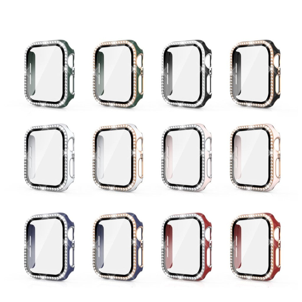 Meget Fed Apple Watch 44mm Cover med Skærmbeskytter i Plastik, Rhinsten og Hærdet Glas - Blå#serie_11