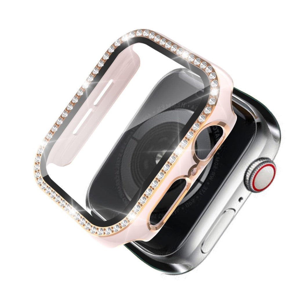 Meget Fed Apple Watch 44mm Cover med Skærmbeskytter i Plastik, Rhinsten og Hærdet Glas - Pink#serie_4