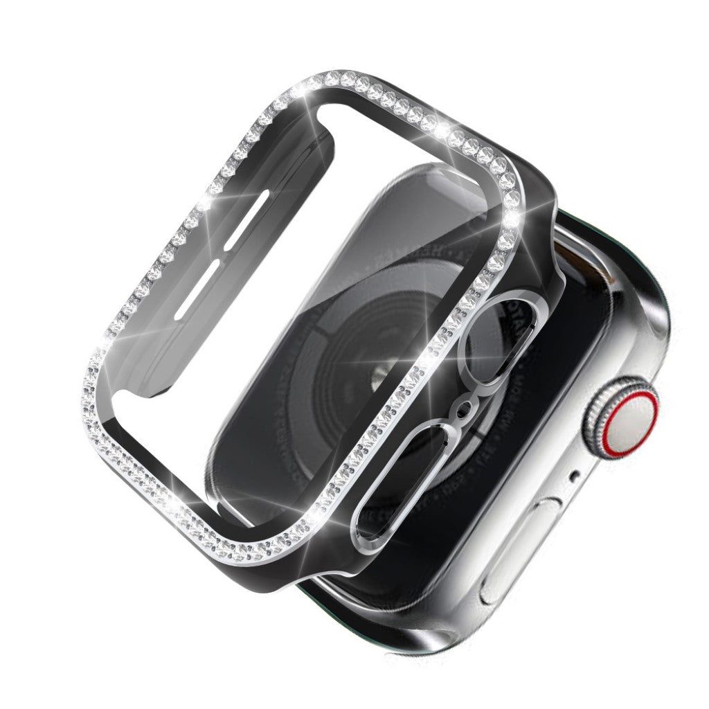 Meget Fed Apple Watch 44mm Cover med Skærmbeskytter i Plastik, Rhinsten og Hærdet Glas - Sort#serie_7