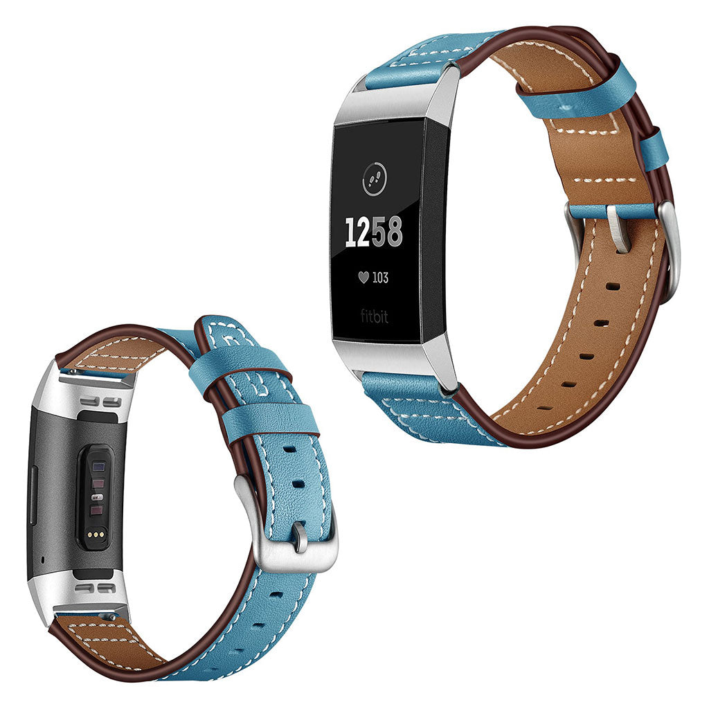 Vildt pænt Fitbit Charge 3 Ægte læder Rem - Blå#serie_3