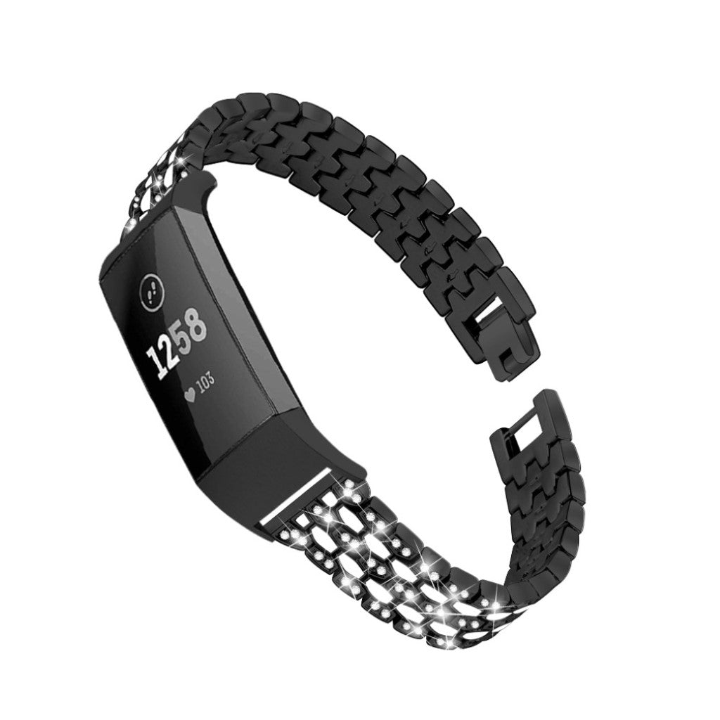 Super hårdfør Fitbit Charge 3 Metal og Rhinsten Rem - Sort#serie_1